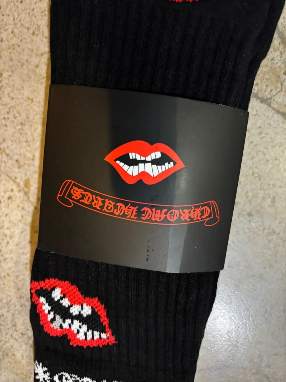 Chrome Hearts Black Crew Socks with Red Lip Graphic